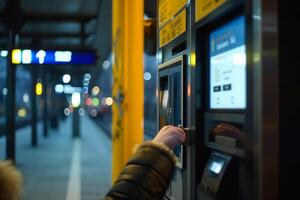 ai generado persona utilizando boleto máquina a el estación. comprando Entradas para público transporte. generativo ai foto