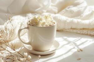 AI generated Mockup of white ceramic mug with hot chocolate and whipped cream. Generative AI photo