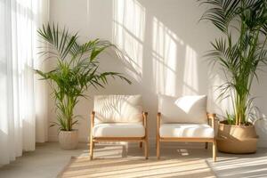 AI generated Two comfortable chairs in a living room with a potted plant. Minimalism. Generative AI photo