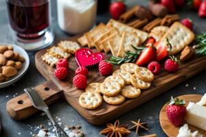 AI generated Board with heart shaped crackers and other snacks. Generative AI photo