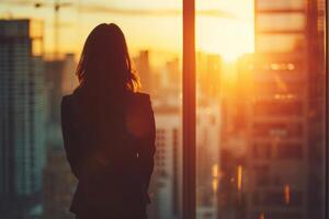 AI generated Back view of a a young businesswoman looks at a cityscape from an office window. Generative AI photo