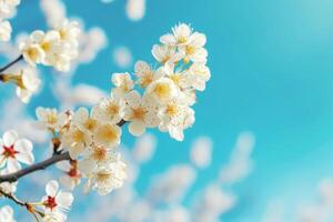 AI generated Spring banner with branches of blossoming cherry on blue sky background. Generative AI photo