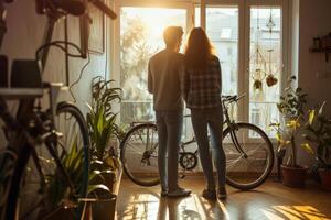 AI generated Back view of couple installing a bike rack in their apartment. Generative AI photo