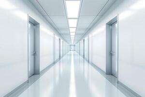 AI generated Long bright corridor in scientific laboratory building. Clean white hallway. Generative AI photo