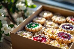 AI generated Cardboard box with shortbread cookies decorated with colored icing and jam. Generative AI photo