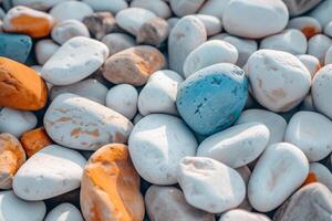 AI generated White, blue and orange pebbles. Colorful stones background. Generative AI photo