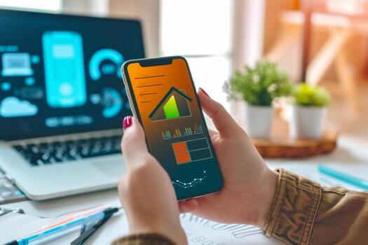 AI generated Closeup of people monitoring home electricity usage with mobile apps. Generative AI photo