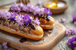 AI generated Eclairs drizzled with honey and garnished with candied violets. Generative AI photo