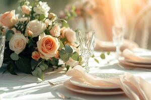 AI generated Table settings with floral arrangement. Special event table set up. Fresh flower decoration. Generative AI photo