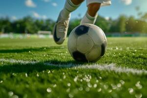 ai generado fútbol americano jugador con un pelota en acción. fútbol jugador patadas el pelota. generativo ai foto