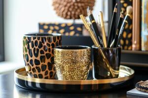 AI generated Office accessories with animal print. Generative AI photo