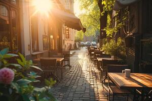 AI generated Outdoor empty restaurant terrace with tables and chairs. Cafe with tables outside. Generative AI photo