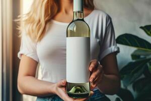 ai generado mujer participación botella de blanco vino con un etiqueta Bosquejo. generativo ai foto