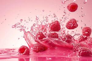 AI generated fresh raspberries falling in water photo