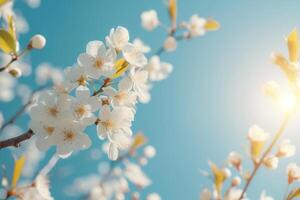 AI generated Spring banner with branches of blossoming cherry on blue sky background. Generative AI photo