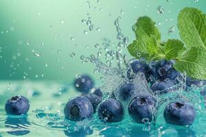 ai generado agua chapoteo con arándano y menta foto