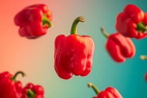 AI generated Ripe red peppers floating in the air. Generative AI photo