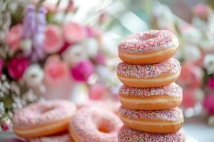 ai generado apilar de rosquillas con floral preparativos en el antecedentes. generativo ai foto