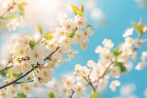 AI generated Spring banner with branches of blossoming cherry on blue sky background. Generative AI photo