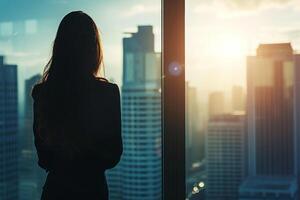 ai generado espalda ver de un un joven mujer de negocios mira a un paisaje urbano desde un oficina ventana. generativo ai foto