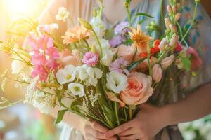 AI generated Florist holds a bouquet with fresh spring flowers. Generative AI photo