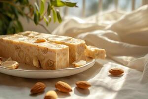 AI generated Almond and honey turron. Nougat with nuts. Traditional spanish almond dessert photo