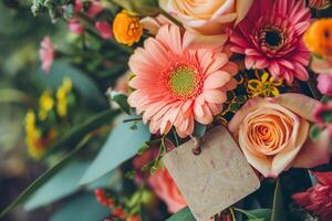 ai generado hecho a mano primavera ramo de flores con un personalizado etiqueta. generativo ai foto