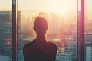 ai generado espalda ver de un un joven mujer de negocios mira a un paisaje urbano desde un oficina ventana. generativo ai foto