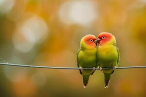 AI generated Two lovebirds perch on a wire. Symbol of love. Lovebird parrots sitting together. Generative AI photo