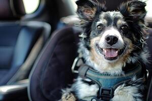 AI generated Dog in car wears dog seat belt and harness. Pet safety concept. Generative AI photo