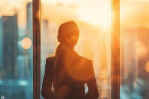 AI generated Back view of a a young businesswoman looks at a cityscape from an office window. Generative AI photo