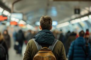 AI generated Back view of man standing at busy subway with blurred background. Generative AI photo