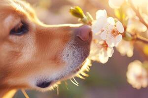 AI generated Closeup of a dog sniffing a spring blossom. Dog smelling flower. Generative AI photo