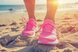 ai generado mujer en corriendo Zapatos en el playa. rutina de ejercicio y formación a comienzo un correr. generativo ai foto