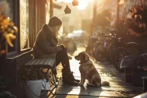 ai generado mujer con su mascota en el perro simpático cafetería. generativo ai foto