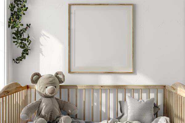 AI generated Cozy crib with decorative cushions standing in cute baby room with posters. Generative AI
