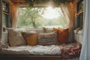 AI generated Inside the camper van. Pillows and boho style decoration of the house on wheels. Generative AI photo