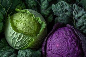 AI generated Fresh organically grown green and red cabbage. Healthy and diet concept. Generative AI photo