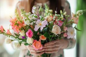 AI generated Florist holds a bouquet with fresh spring flowers. Generative AI photo