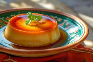 AI generated Homemade flan with caramel sauce. Cream pudding in decorative dish. Generative AI photo