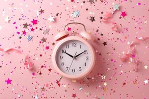 AI generated Alarm clock and confetti on pink background. Clock and party decorations. Generative AI photo