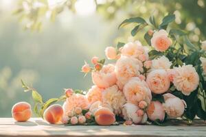 ai generado Fresco melocotón peonía rosas en Mañana luz solar. generativo ai foto