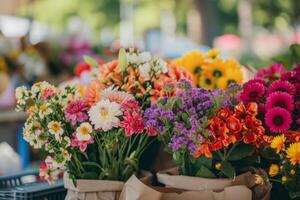 AI generated Spring flowers at local street market. Generative AI photo