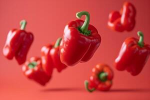 AI generated Ripe red peppers floating in the air. Generative AI photo