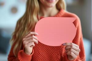 AI generated Closeup of woman holding a card in the shape of a big speech bubble. Generative AI photo