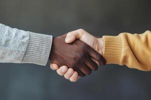 AI generated Two men shake hands. Black and white human hands in a handshake to show each other friendship. Generative AI photo