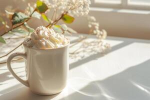 AI generated Mockup of white ceramic mug with hot chocolate and whipped cream. Generative AI photo