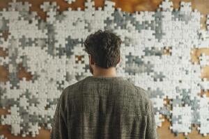 AI generated Back view of man watching on big puzzle on wall. Generative AI photo