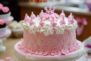 AI generated Cute princess themed birthday cake for a little girl with intricate decorations. Generative AI photo