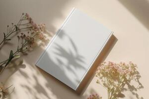 AI generated Mockup of a blank cover white book with a sunny background. Generative AI photo